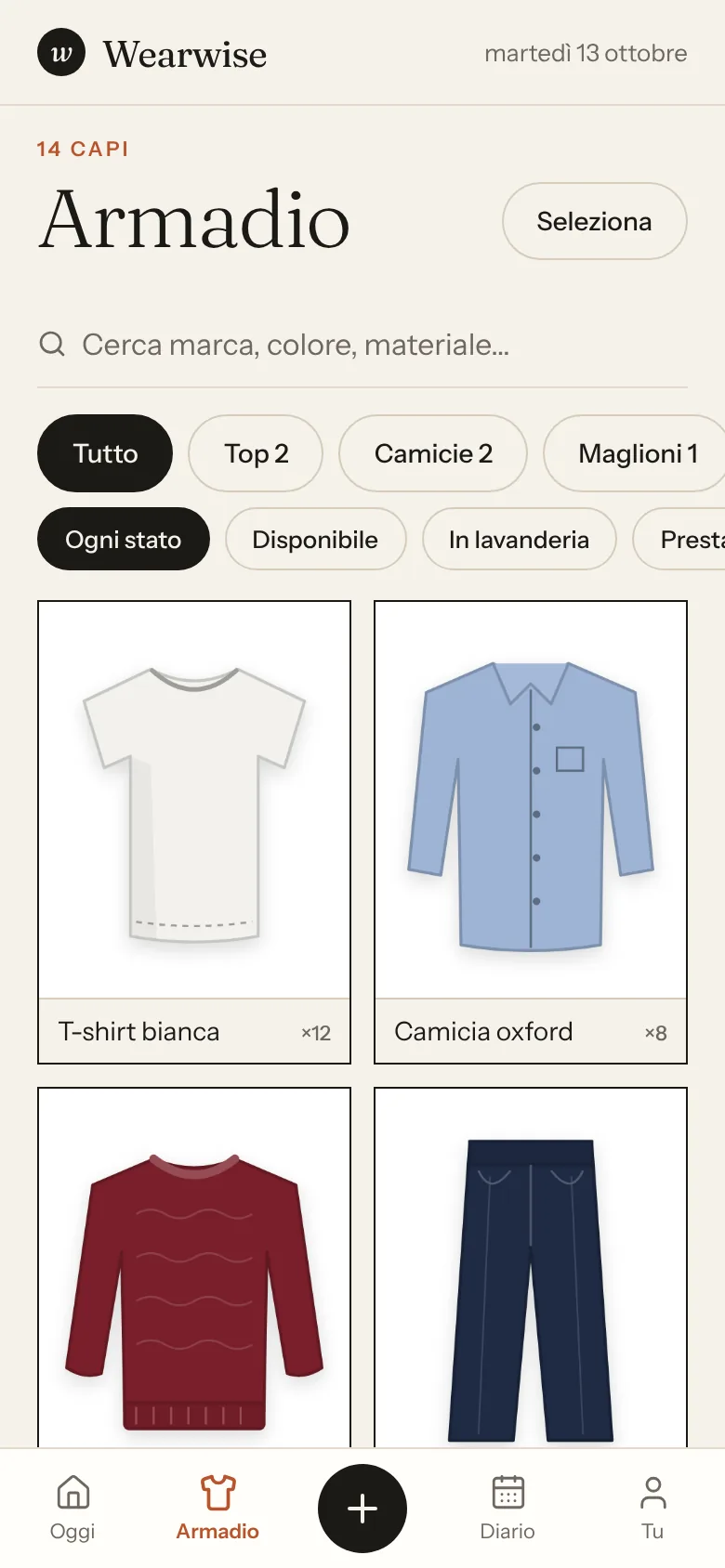 Schermata Armadio di Wearwise con la griglia dei capi