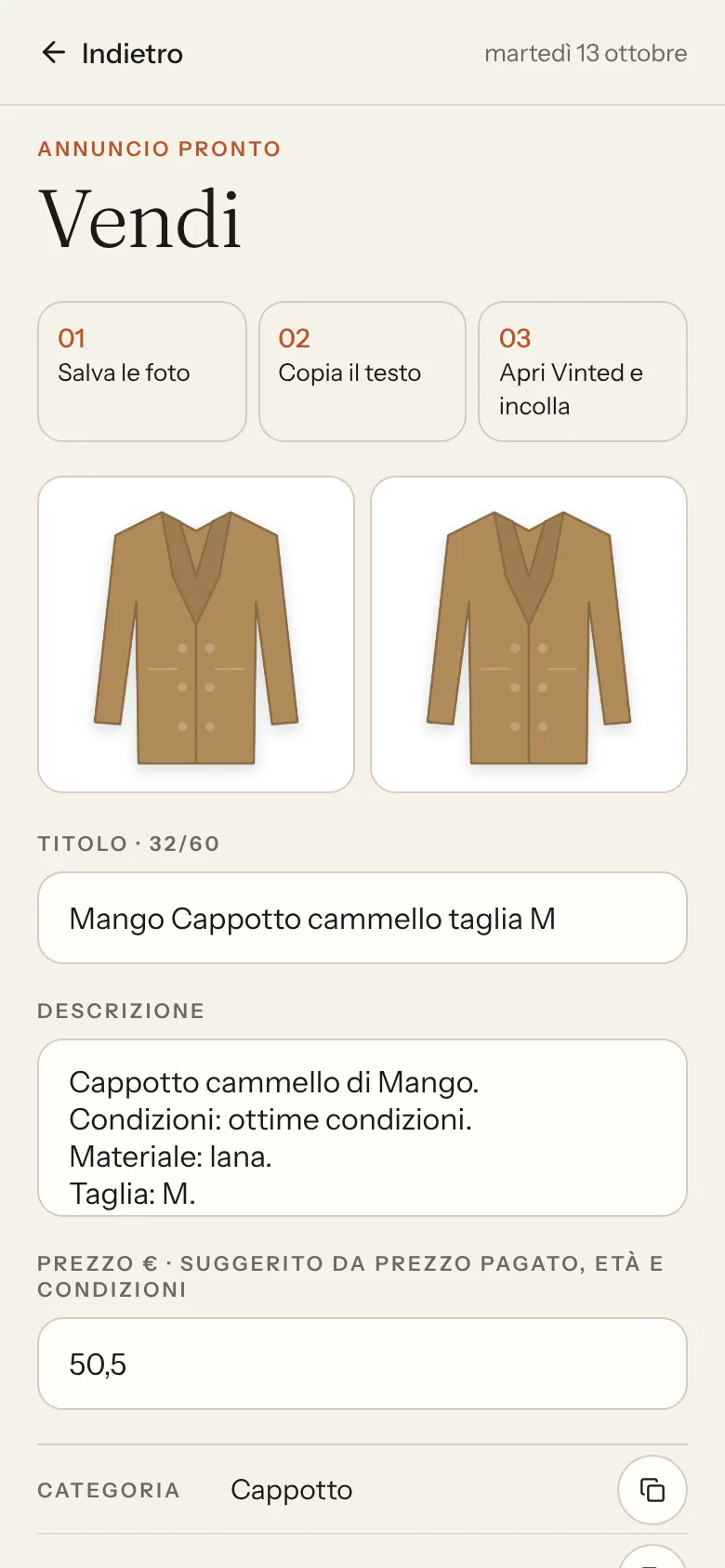 Schermata Vendi con l'annuncio Vinted già pronto